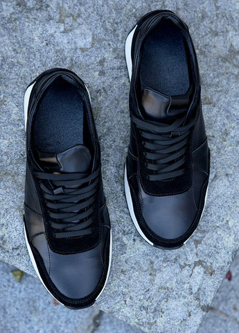 Черные демисезонные мужские кроссовки из натуральной кожи черного цвета 35474 No Brand