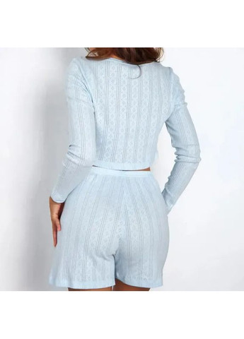 Блакитна всесезон домашній жіночий комплект: укорочена кофточка на гудзиках + шорти з високою талією No Brand Піжама