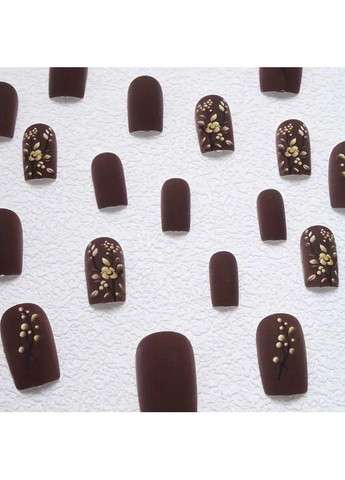 Накладні нігті з клеєм і пилкою 24 шт, набір накладних нігтів матовий шоколад із золотим флористичним дизайном No Brand (370290229)