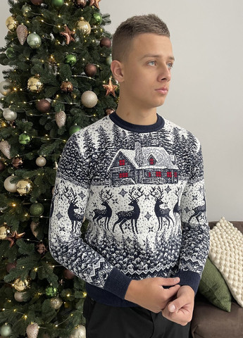 Темно-синій зимовий чоловічий новорічний светр з оленями "big house" білий, під шию джемпер No Brand