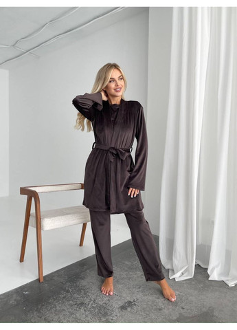 Темно-коричневий демісезонний комплект жіночий домашня піжама трійка трикотаж велюр:халат,штани та майка Україна