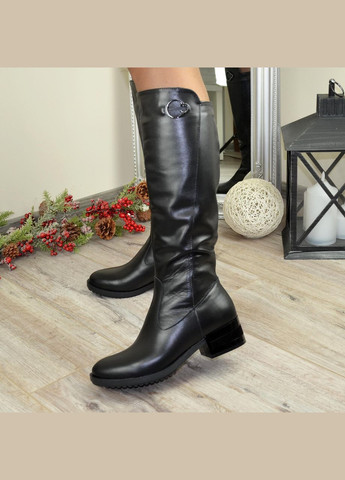 Зимние сапоги женские черные кожаные на невысоком каблуке. 38 размер, голенище 42 см Vasha para