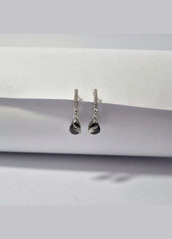 Срібні довгі сережки з підвіскою Крапельки з Чорними каменями срібло 925 проби Родоване 72239ч 4.20г No Brand (316261661)