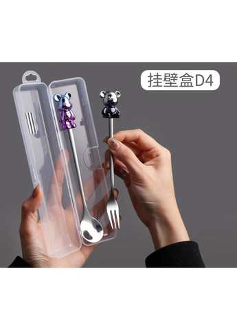 Набір столових приладів виделкою та ложкою з декором у вигляді градієнтних ведмедів з боксом транспортування.. Срібло No Brand (336884612)