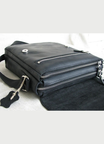 Мужская кожаная сумка через плечо на 2 отдела из натуральной кожи мессенджер с клапаном черная 27×24×7 см GS (329148102)