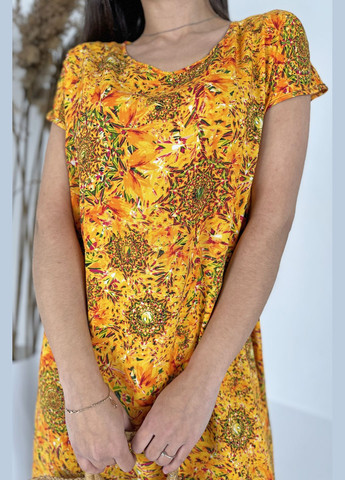 Оранжевое повседневный, кэжуал яркое легкое летнее платье из штапеля платье-футболка INNOE с цветочным принтом