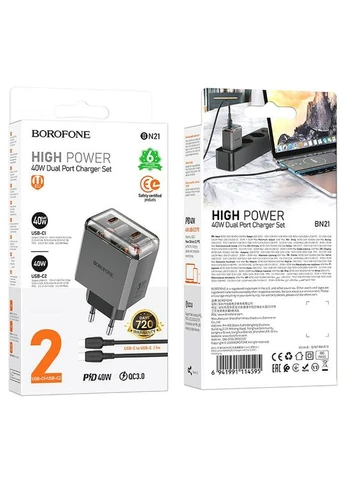 МЗП BN21 Lena PD40W+QC3.0 (2USB-C) + кабель Type-C to Type-C Borofone (382609650)
