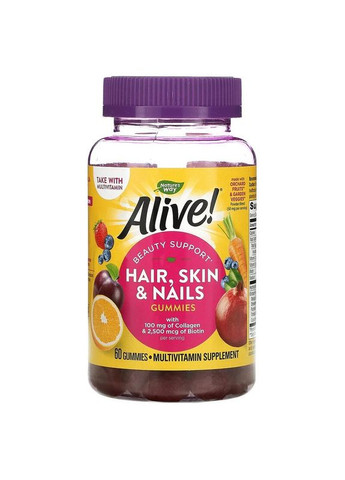 , Alive! Комплекс для волос, кожи и ногтей, витамины Hair Skin & Nails, 60 жевательных таблеток Nature's Way (266987737)