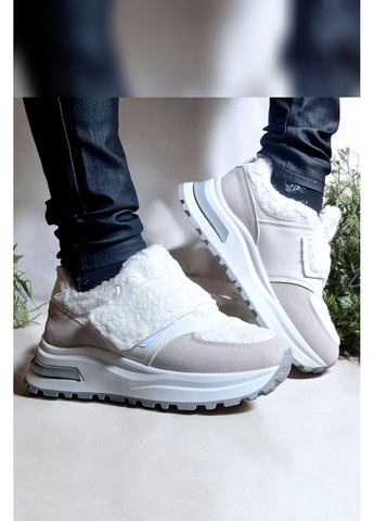 Білі жіночі зимові з хутром тедді на липучці теплі з бежево-сірими вставками Viki кросівки білі зими (368043059)