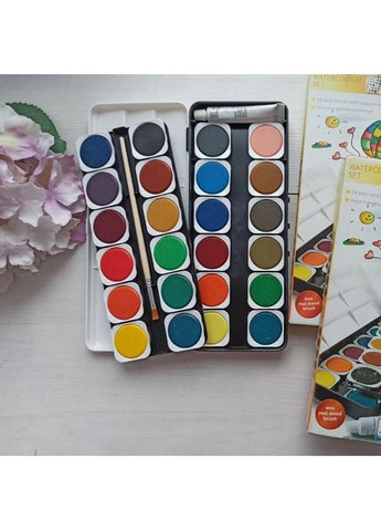 Набір акварельних фарб 24+1 з пензликом у пластиковому контейнері для дітей та дорослих No Brand (358500945)