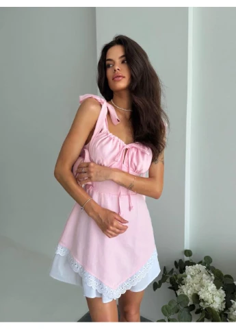Розовое платье мини комбинированное на бретелях Fashion