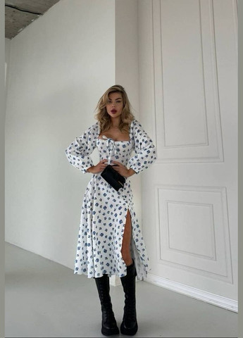 Блакитна коктейльна, пляжна, повсякденний, кежуал, вечірня жіноча сукня FINO Mode з квітковим принтом