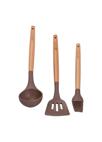 Набір алюмінієвого посуду 2 каструлі, сотейник, сковорідка з лопаткою, ополоником і пензликом, Кавовий MGC (340907791)