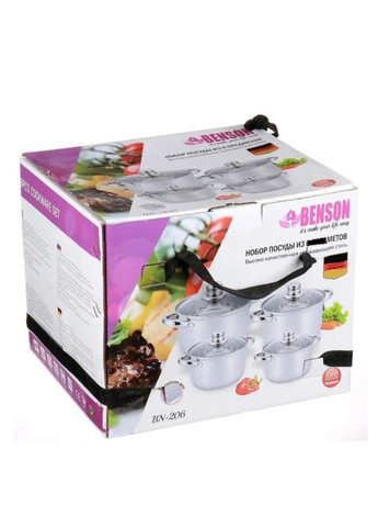 Набор кастрюль BN-206 (8 предметов) Нерж. Сталь – 2.1 л, 2.9 л, 3.9 л, 6.5 л Benson (354805244)