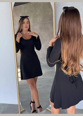 Чорна елегантна чорна сукня з рубчика з довгим рукавом і регульованими зав'язками на талії No Brand однотонна