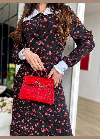 Черное яркое лёгкое летнее платье из качественного софта в цветочном принте,черное платье-миди на пуговицах с длинным рукавом No Brand