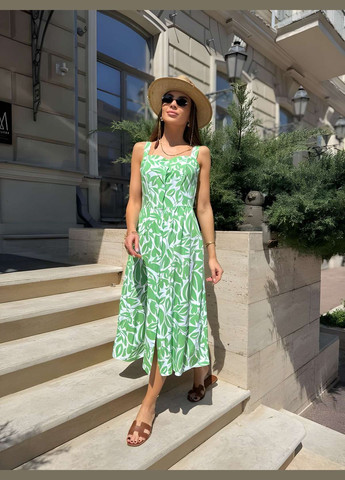 Жіноча літня легка сукня сарафан міді з квітковим принтом штапель зелена Україна (341676015)
