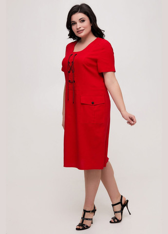 Червона повсякденний жіноча літня лляна сукня з люверсами та накладними кишенями all posa (ap100557p) A'll Posa