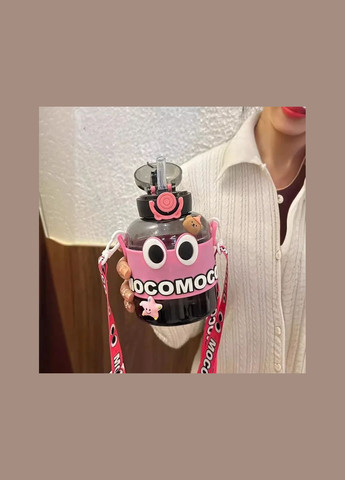 Пляшка для води, Mocomoco Funny Face 600 мл з дозатором, ремінцем та трубочкою, Рожева ( ) No Brand (302392531)
