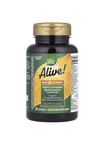 Витамины и минералы Alive! Max6 Potency No Added Iron, 90 капсул без добавления железа Nature's Way (322209876)