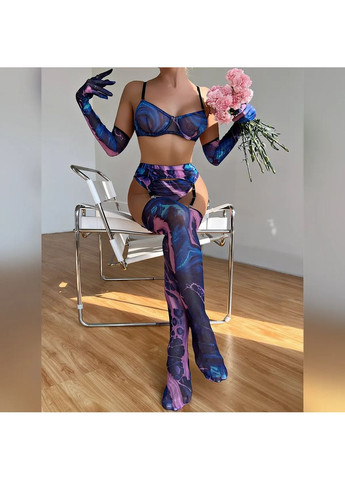 Синій демісезонний мереживний комплект із поясом, панчохами та рукавичками. мереживна спідня білизна. синя жіноча білизна No Brand