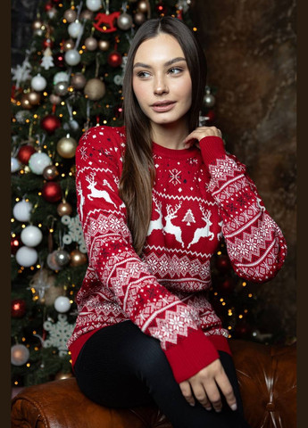 Червоний демісезонний новорічний светр з візерунком No Brand