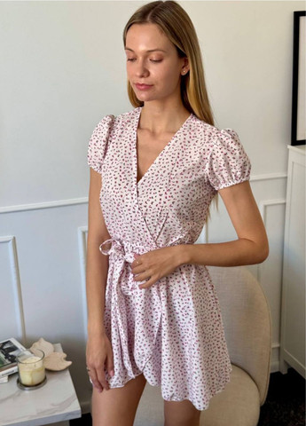 Белое повседневный мини платье с куличом, подчеркивающим талию на запах Tik-Tak с цветочным принтом