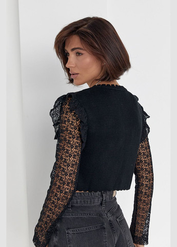 Короткий кардиган на зав'язках із мереживом - бежевий колір, ONE SIZE (sku_5127) No Brand (314836394)