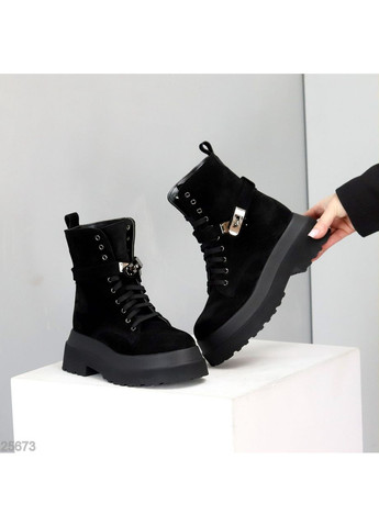 женские зимние ботинки city из натуральной замши, черные, утепленные полушерстью, на массивной подошве No Brand