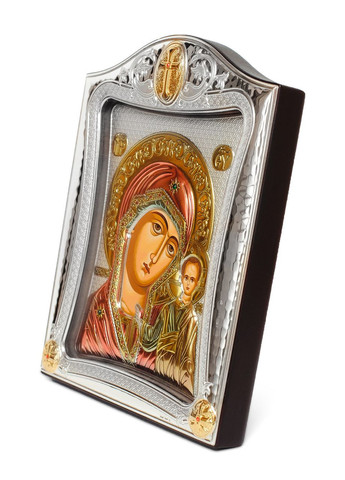 Казанська Ікона Божої Матері 20x25см з різнобарвною емалью в срібній рамці з позолотою під склом Prince Silvero (265215726)