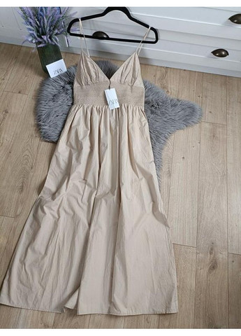 Бежева габардинова сукня міді довжини з вишивкою Zara