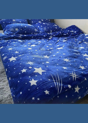 Щільна постільна білизна плюшева 200х230 наволочки 2х 50х70 + 2х 70х70 Синя із зірками (П4К-velur002) No Brand (306633990)
