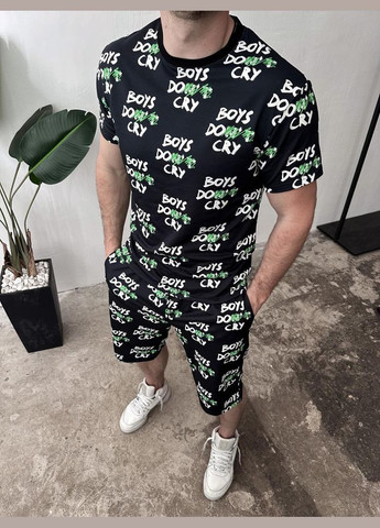 Черный мужской трендовый летний спортивный костюм с модными надписями No Brand (370953565)