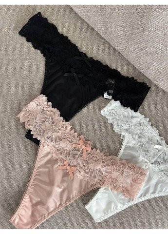 Набор атласных трусиков с кружевом черный белый пудровый / Сет женских атласных трусиков с бантиками и кружевом No Brand (367102140)