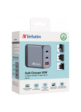 Зарядное устройство для GaN 65 W 3 ports (2xUSB-C-65 W /USB-A -3.0) (32201) Verbatim GaN 65 W 3 ports (2xUSB-C-65 W /USB-A -3.0) (370016973)