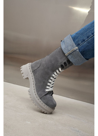 Високі жіночі демісезонні замшеві черевики темно-сірого кольору на шнурках з боковою змійкою (відшив 3 дні) Paradize (365859805)