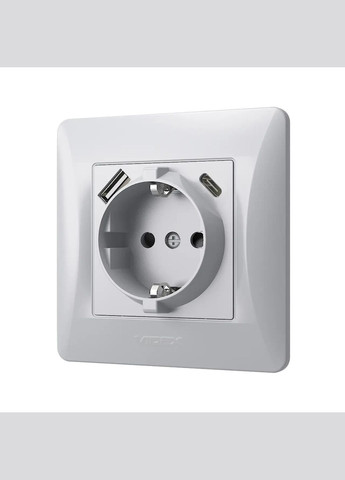 Розетка одинарная с заземлением с USB+USB-C серебряный шелк BINERA Videx (355267825)