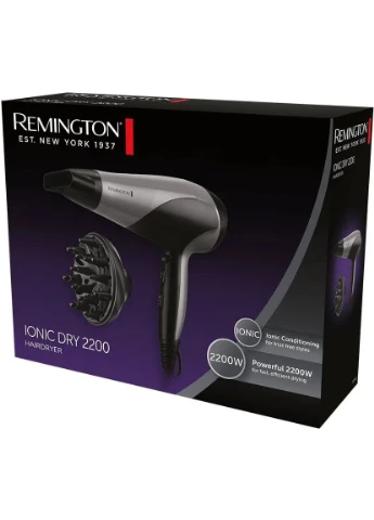 Фен Ionic Dry, 2200Вт, 3 скорости, диффузор, турмалиновая ионизация, холодный обдув, серо-черный Remington (400196030)