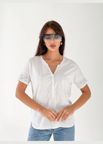 Жіноча бавовняна футболка з камінням на рукавах Fashion - (336214750)