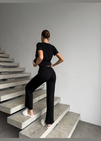 Чорна жіноча піжама в рубчик, піжамний комплект шорти, футболка та штани, чорна піжама для жінок 3в1 No Brand