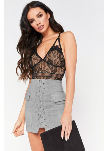 Спідниця жіноча замшева з кишенями на шнурівці сіра No Brand (303836654)