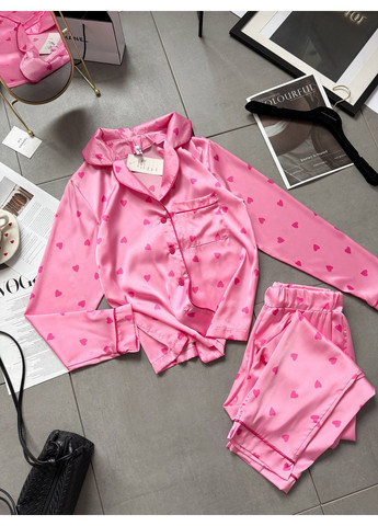 Розовая всесезон женская нежная пижама из шелка в сердечках ☁️ замеры в описании рубашка + брюки DK/DL Мода без кордонів