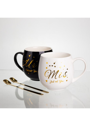 Набор парных фарфоровых чашек Mr&Mis 2 (шт) по 350 (мл) чашки на подарок с ложкой Черный с белым FM-29 Yiwu (369626306)