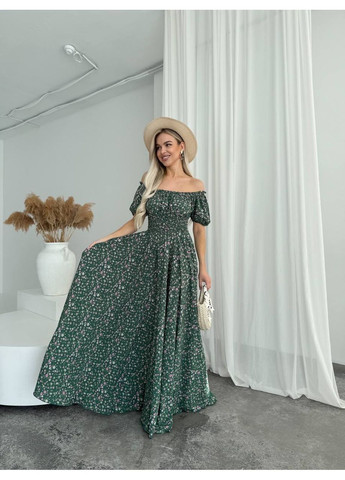 Зелена сукня максі в підлогу у рожеву квітку чорного кольору No Brand