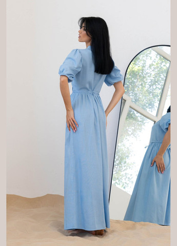 Блакитна повсякденний, кежуал подовжене плаття- з льняної тканини на запах Jadone Fashion однотонна