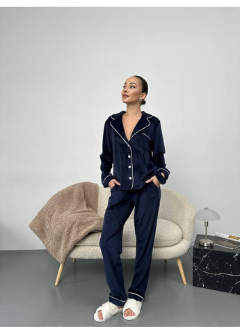 Синяя всесезон пижама женская велюровая рубашка,штаны,резинка рубашка + брюки No Brand