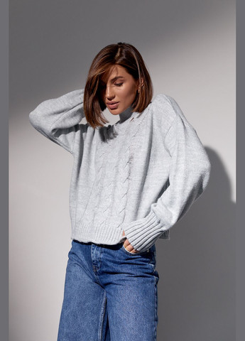 Серый зимний вязаный женский свитер с косами 92420 Lurex