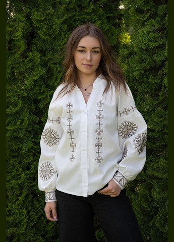 Молочна жіноча вишиванка молочна з геометричним орнаментом українська етно-сорочка з вишивкою візерунок орнамент приталена, вільна, пряма льон (332961055)