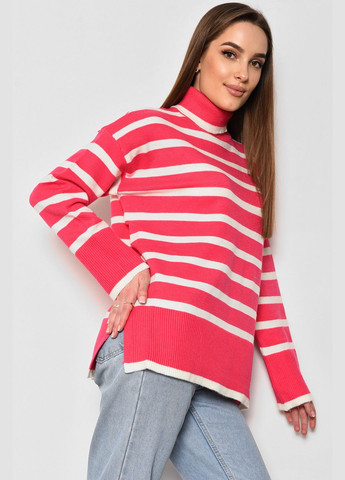 Розовый зимний свитер женский полубатальный в полоску розово-белого цвета пуловер Let's Shop