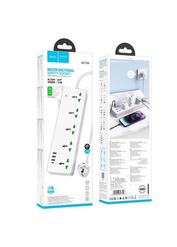 Подовжувач мережі на 5 розеток AC13A | 3USB/1Type-C 10A/250V/1,5m| потужність 2500W Білий Hoco (322843417)
